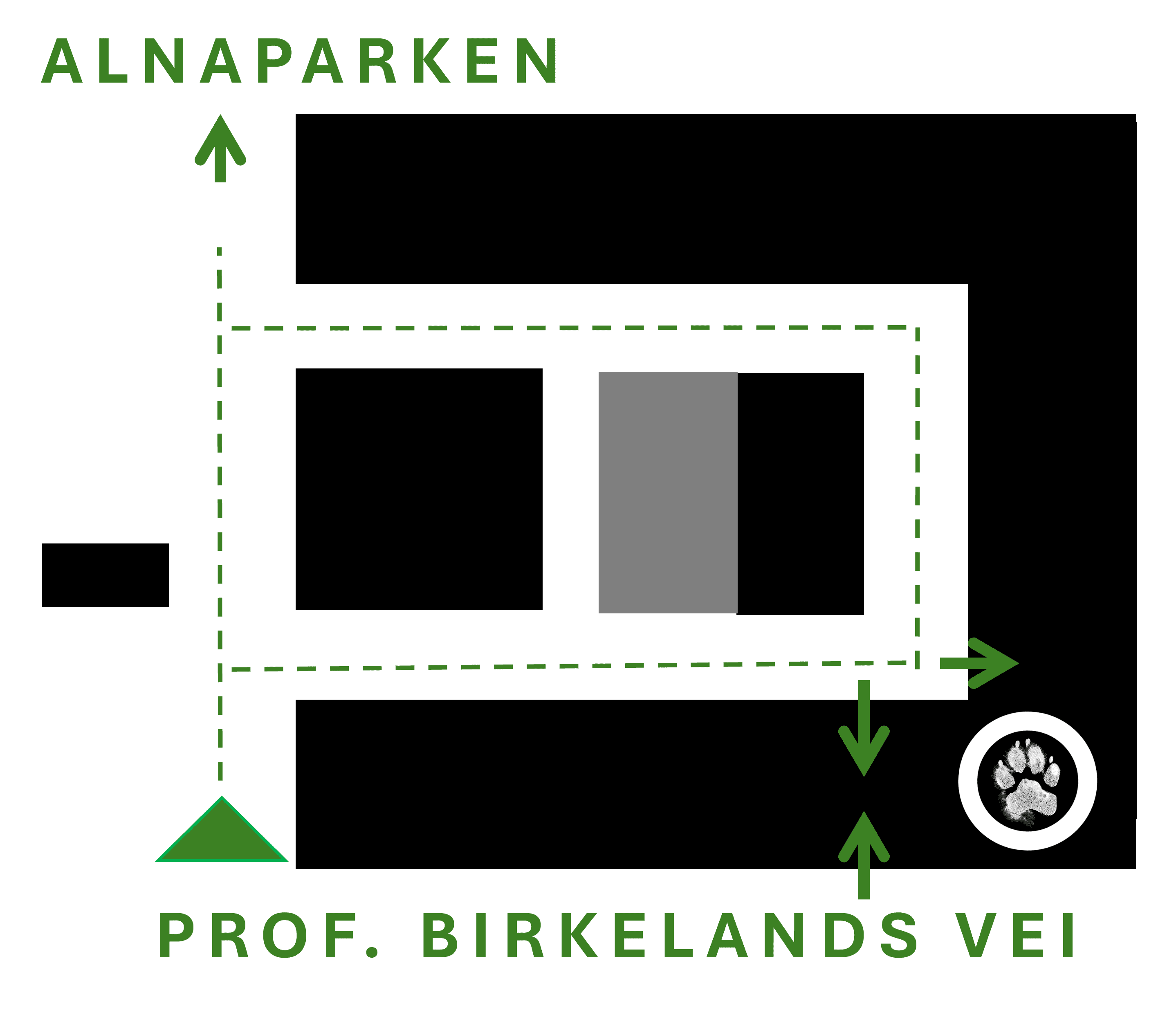 Illustrasjon av vei til Oslo hundetreningssenter inne på eiendommen og vei til Alnaparken.
